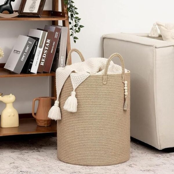 Storage Basket with Tassels – Large Woven Basket for Home Organization, Laundry, Blankets, Toys & Pillows