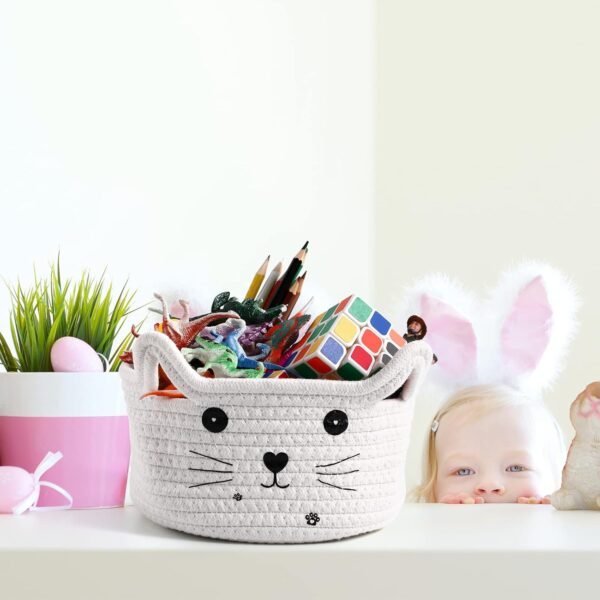 Cute Cat Design Cotton Rope Kids Storage Basket – Ideal for Toy Storage, Nursery Organization, and Decorative Use - Image 2