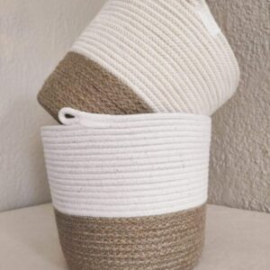 Jute and cotton cord basket used as a planter cover, enhancing indoor plant decor