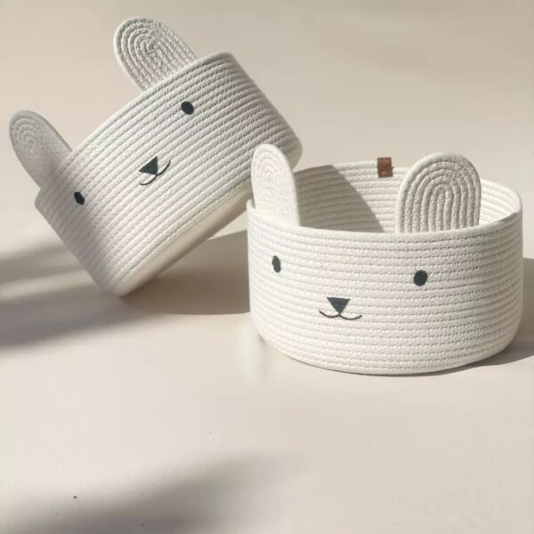 bunny-designed cotton rope baskets for organizing toys, books, and small essentials.