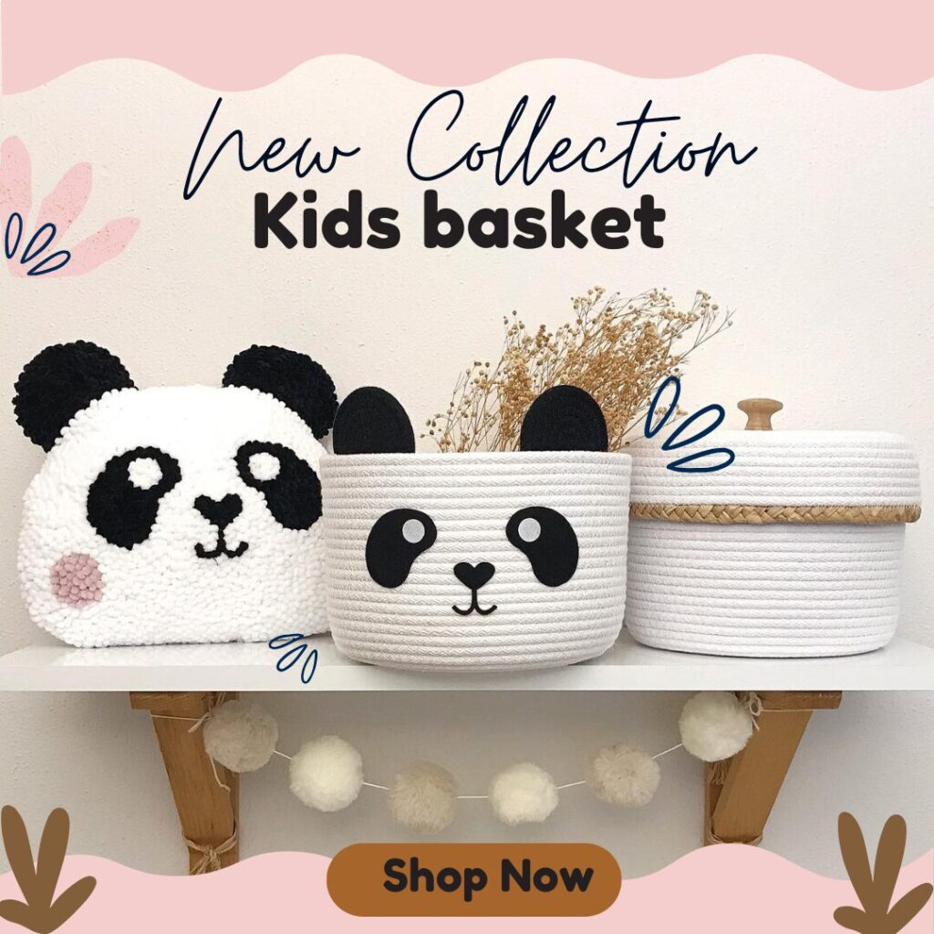 Adorable white cotton rope basket with bunny face and ears, ideal for kids' toy storage and nursery decor.