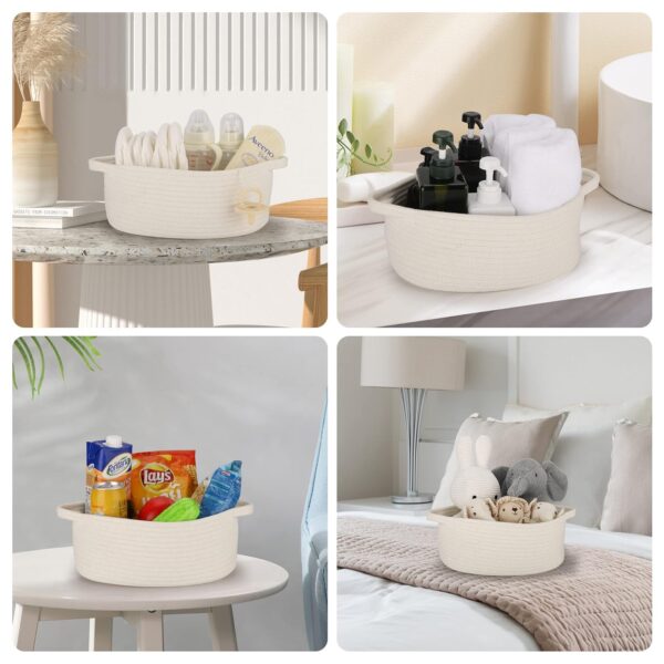 Cotton rope organizer basket filled with kids’ toys and stuffed animals on a sofa