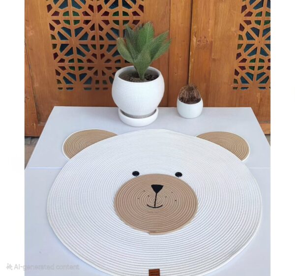 Cotton rope bear rug in a nursery with plants and modern decor.