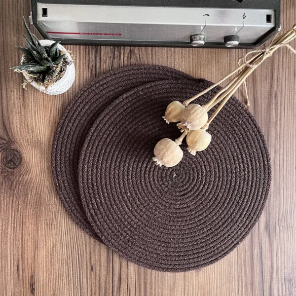 Brown Cotton Rope Placemats, 14-inch round design, perfect for dining and table decor.