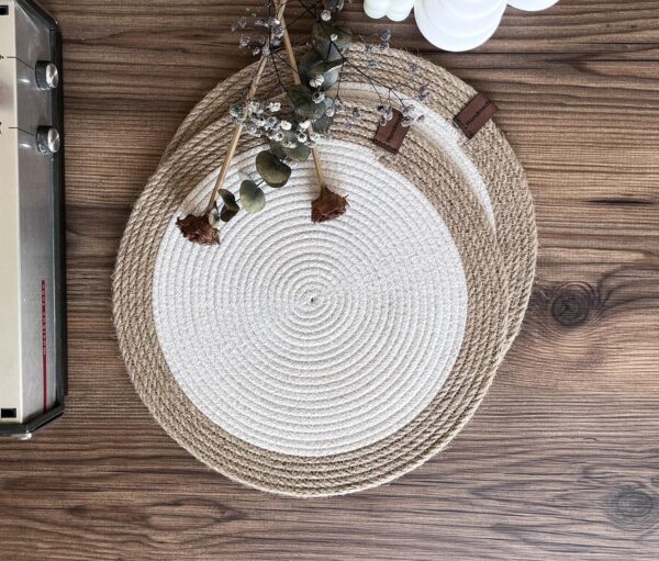 Brown Cotton Rope Placemats, 14-inch round design, perfect for dining and table decor.