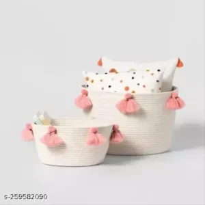 cotton rope basket set, pink tassel storage baskets, round nursery storage baskets, decorative cotton rope bins, toy organizer basket set, kids room storage bins, stylish rope baskets for home decor, eco-friendly cotton rope basket set, pink tassel baskets for nursery, multipurpose round rope baskets