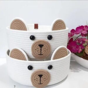 Adorable cotton rope bear basket with a cute face design, perfect for kids' toy storage and nursery decor