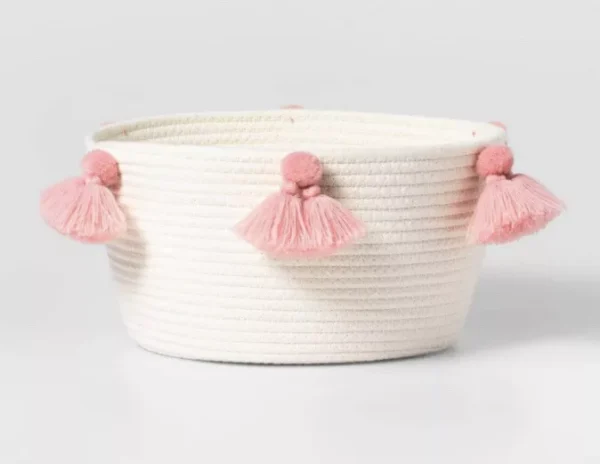 cotton rope basket set, pink tassel storage baskets, round nursery storage baskets, decorative cotton rope bins, toy organizer basket set, kids room storage bins, stylish rope baskets for home decor, eco-friendly cotton rope basket set, pink tassel baskets for nursery, multipurpose round rope baskets