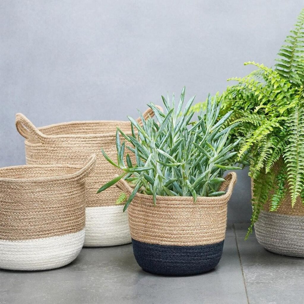 jute and cotton rope planter basket, eco-friendly plant holder, two-tone storage basket, natural jute planter, medium and large rope baskets, decorative indoor plant holders, sustainable storage baskets, minimalist storage solutions, modern jute and rope baskets, stylish home decor baskets