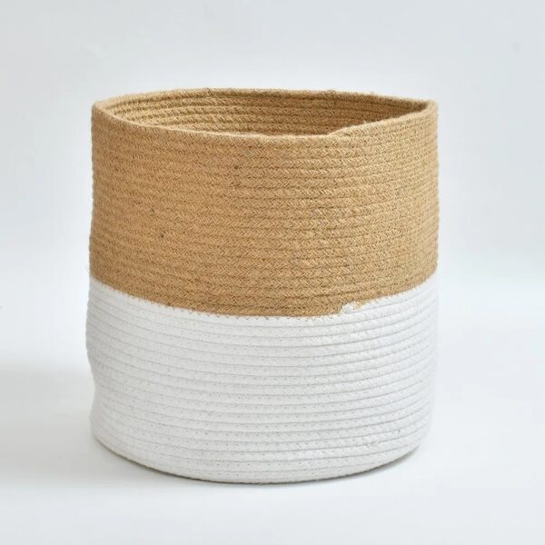 cotton rope and jute planter basket, two-tone storage basket, indoor plant holder, eco-friendly storage solution, jute and cotton rope organizer, decorative planter basket, stylish home storage bin, modern storage basket for toys, large storage basket for plants, rustic decor basket