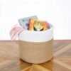 cotton rope and jute planter basket, two-tone storage basket, indoor plant holder, eco-friendly storage solution, jute and cotton rope organizer, decorative planter basket, stylish home storage bin, modern storage basket for toys, large storage basket for plants, rustic decor basket