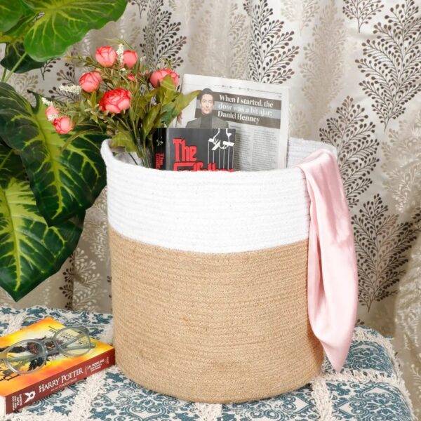 cotton rope and jute planter basket, two-tone storage basket, indoor plant holder, eco-friendly storage solution, jute and cotton rope organizer, decorative planter basket, stylish home storage bin, modern storage basket for toys, large storage basket for plants, rustic decor basket