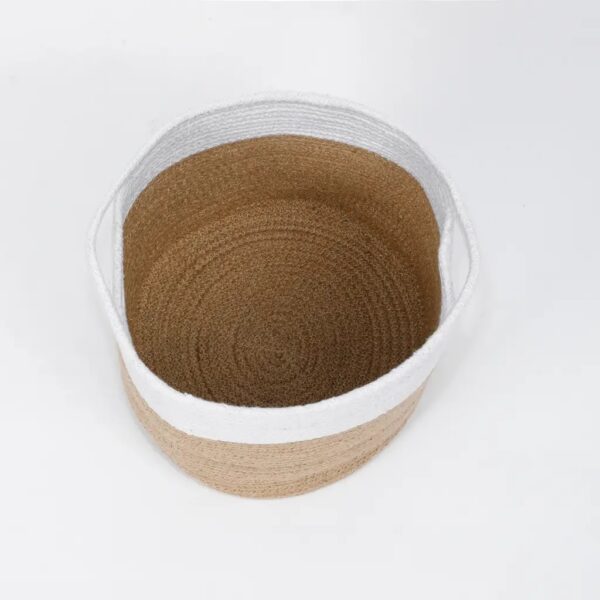 cotton rope and jute planter basket, two-tone storage basket, indoor plant holder, eco-friendly storage solution, jute and cotton rope organizer, decorative planter basket, stylish home storage bin, modern storage basket for toys, large storage basket for plants, rustic decor basket