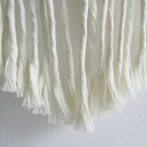 Handmade small macrame wall hanging with V-shaped tassels and wooden rod, perfect for boho home decor.”