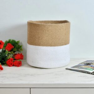 cotton rope and jute planter basket, two-tone storage basket, indoor plant holder, eco-friendly storage solution, jute and cotton rope organizer, decorative planter basket, stylish home storage bin, modern storage basket for toys, large storage basket for plants, rustic decor basket