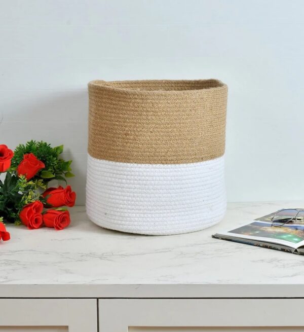 cotton rope and jute planter basket, two-tone storage basket, indoor plant holder, eco-friendly storage solution, jute and cotton rope organizer, decorative planter basket, stylish home storage bin, modern storage basket for toys, large storage basket for plants, rustic decor basket