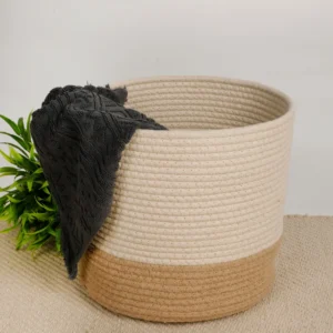 jute and cotton rope basket, 10-inch planter basket, eco-friendly storage basket, decorative indoor planter, natural two-tone storage basket, cotton rope basket for plants, stylish planter and organizer basket, multipurpose jute basket, indoor plant holder basket, sustainable home storage solution