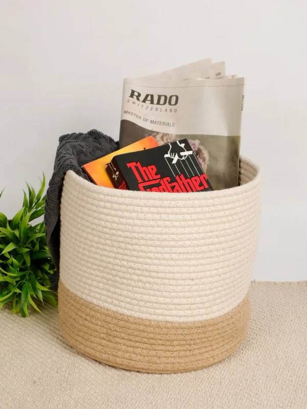 jute and cotton rope basket, 10-inch planter basket, eco-friendly storage basket, decorative indoor planter, natural two-tone storage basket, cotton rope basket for plants, stylish planter and organizer basket, multipurpose jute basket, indoor plant holder basket, sustainable home storage solution