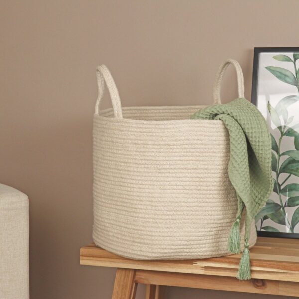 cotton rope laundry basket, storage basket with handles, cream-colored rope basket, eco-friendly laundry organizer, large storage baskets for home, cotton rope toy storage, modern rope baskets for blankets, laundry baskets with handles, minimalist storage solutions, natural cotton rope organizer