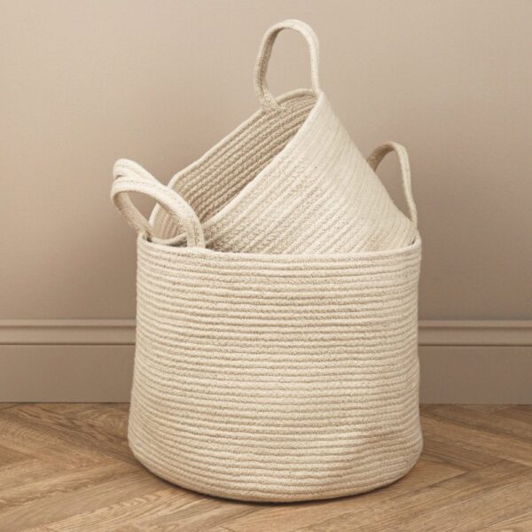 cotton rope laundry basket, storage basket with handles, cream-colored rope basket, eco-friendly laundry organizer, large storage baskets for home, cotton rope toy storage, modern rope baskets for blankets, laundry baskets with handles, minimalist storage solutions, natural cotton rope organizer