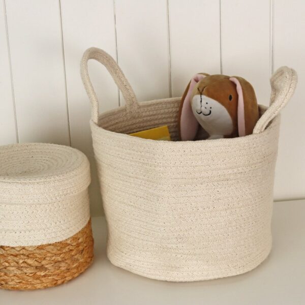 cotton rope laundry basket, storage basket with handles, cream-colored rope basket, eco-friendly laundry organizer, large storage baskets for home, cotton rope toy storage, modern rope baskets for blankets, laundry baskets with handles, minimalist storage solutions, natural cotton rope organizer