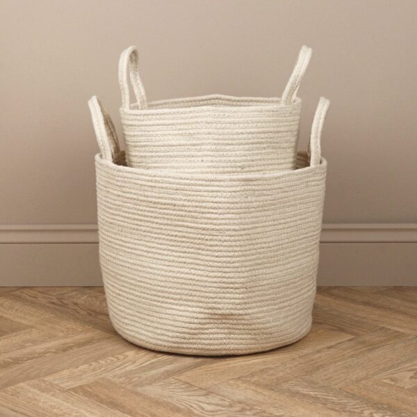 cotton rope laundry basket, storage basket with handles, cream-colored rope basket, eco-friendly laundry organizer, large storage baskets for home, cotton rope toy storage, modern rope baskets for blankets, laundry baskets with handles, minimalist storage solutions, natural cotton rope organizer