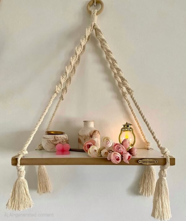 macrame wooden shelf, hanging wall shelf, boho wall decor, 15-inch wooden shelf, floating shelf with rope, handmade macrame shelf, rustic wooden hanging shelf, cotton rope shelf, decorative wall storage, minimalist shelf, plant holder shelf, small space storage solution, macrame home decor, farmhouse wall decor, boho chic furniture