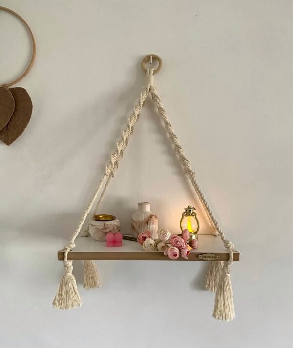 macrame wooden shelf, hanging wall shelf, boho wall decor, 15-inch wooden shelf, floating shelf with rope, handmade macrame shelf, rustic wooden hanging shelf, cotton rope shelf, decorative wall storage, minimalist shelf, plant holder shelf, small space storage solution, macrame home decor, farmhouse wall decor, boho chic furniture