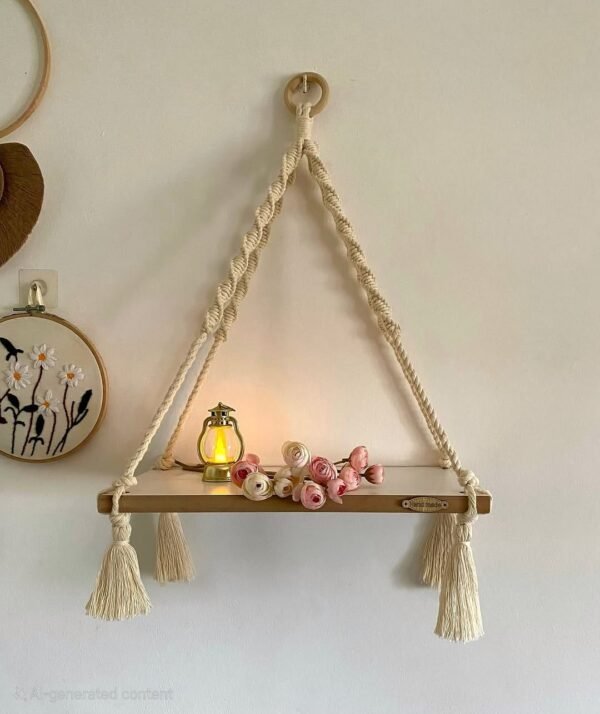 macrame wooden shelf, hanging wall shelf, boho wall decor, 15-inch wooden shelf, floating shelf with rope, handmade macrame shelf, rustic wooden hanging shelf, cotton rope shelf, decorative wall storage, minimalist shelf, plant holder shelf, small space storage solution, macrame home decor, farmhouse wall decor, boho chic furniture