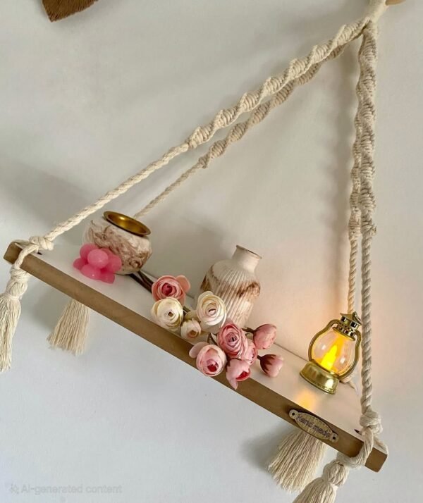 macrame wooden shelf, hanging wall shelf, boho wall decor, 15-inch wooden shelf, floating shelf with rope, handmade macrame shelf, rustic wooden hanging shelf, cotton rope shelf, decorative wall storage, minimalist shelf, plant holder shelf, small space storage solution, macrame home decor, farmhouse wall decor, boho chic furniture