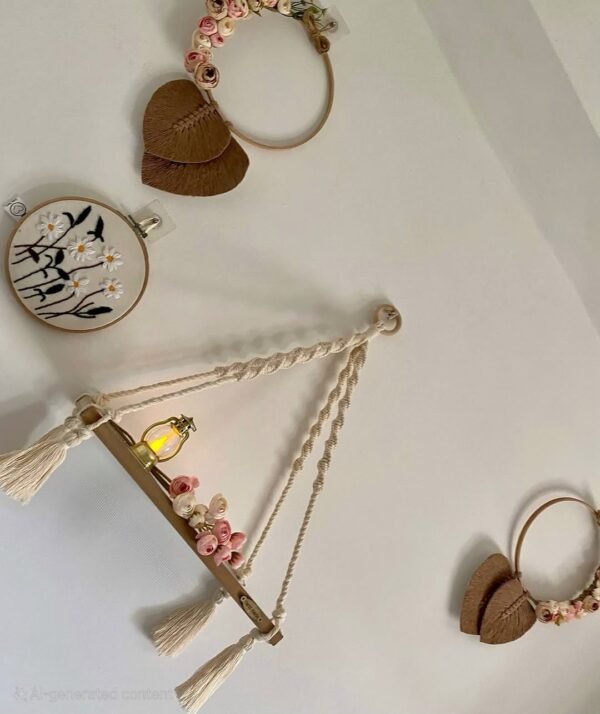 macrame wooden shelf, hanging wall shelf, boho wall decor, 15-inch wooden shelf, floating shelf with rope, handmade macrame shelf, rustic wooden hanging shelf, cotton rope shelf, decorative wall storage, minimalist shelf, plant holder shelf, small space storage solution, macrame home decor, farmhouse wall decor, boho chic furniture