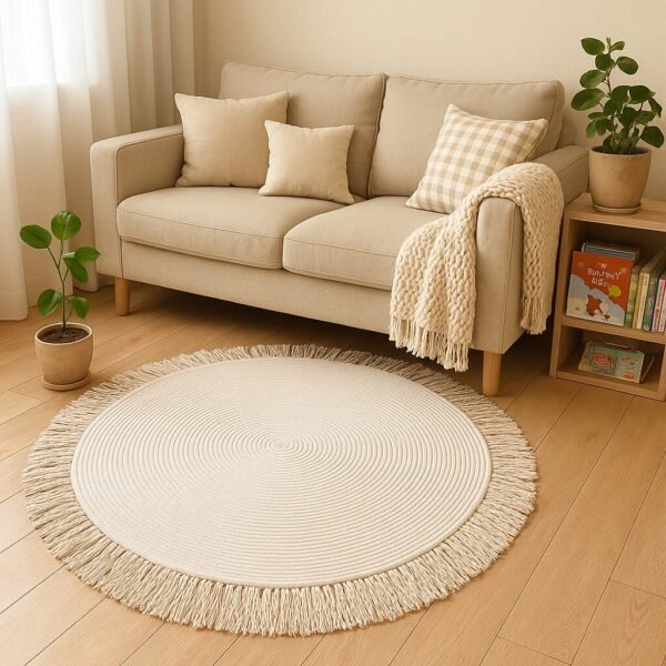 Cotton Rope Rug with Tassels – Round Boho Rug for Home Decor - Image 2