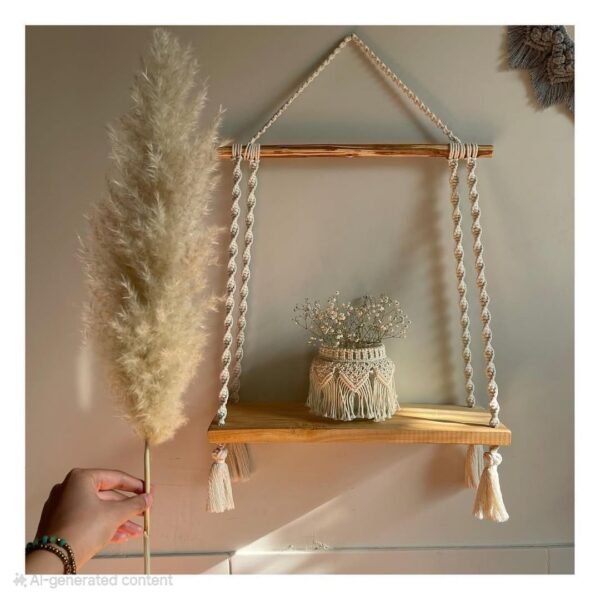 macramé wooden hanging shelf, boho wall shelf, macramé home decor, hanging shelf for plants, boho chic decor, cotton rope shelf, rustic wooden shelf, handmade macramé shelf, floating shelf boho, woven macramé shelf, wall hanging shelf, aesthetic shelf decor, minimalist home decor