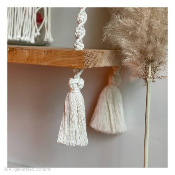 macramé wooden hanging shelf, boho wall shelf, macramé home decor, hanging shelf for plants, boho chic decor, cotton rope shelf, rustic wooden shelf, handmade macramé shelf, floating shelf boho, woven macramé shelf, wall hanging shelf, aesthetic shelf decor, minimalist home decor