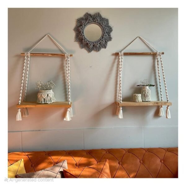 macramé wooden hanging shelf, boho wall shelf, macramé home decor, hanging shelf for plants, boho chic decor, cotton rope shelf, rustic wooden shelf, handmade macramé shelf, floating shelf boho, woven macramé shelf, wall hanging shelf, aesthetic shelf decor, minimalist home decor
