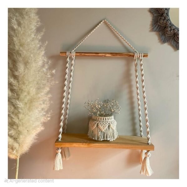 macramé wooden hanging shelf, boho wall shelf, macramé home decor, hanging shelf for plants, boho chic decor, cotton rope shelf, rustic wooden shelf, handmade macramé shelf, floating shelf boho, woven macramé shelf, wall hanging shelf, aesthetic shelf decor, minimalist home decor
