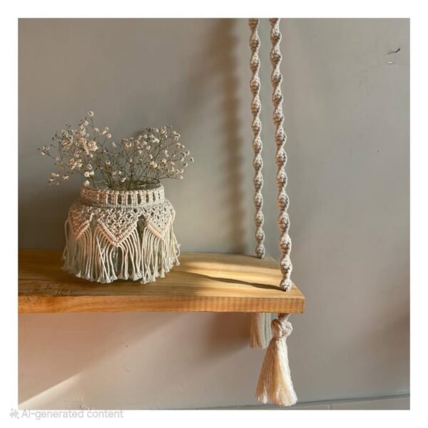 macramé wooden hanging shelf, boho wall shelf, macramé home decor, hanging shelf for plants, boho chic decor, cotton rope shelf, rustic wooden shelf, handmade macramé shelf, floating shelf boho, woven macramé shelf, wall hanging shelf, aesthetic shelf decor, minimalist home decor