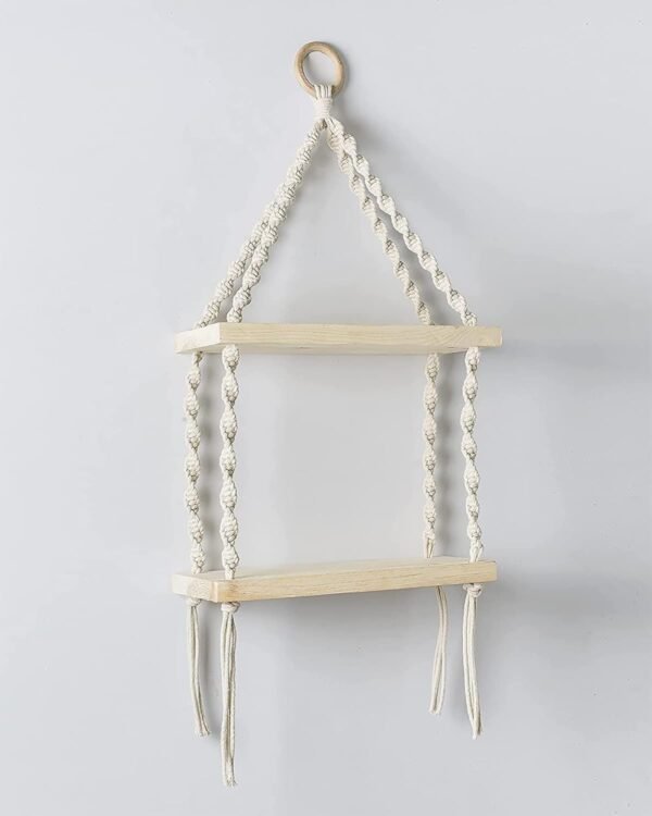 2-Tier Macrame Floating Wall Shelf –Hanging Wooden Shelves