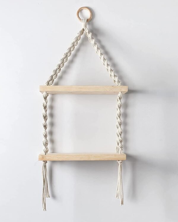 2-Tier Macrame Floating Wall Shelf –Hanging Wooden Shelves - Image 6