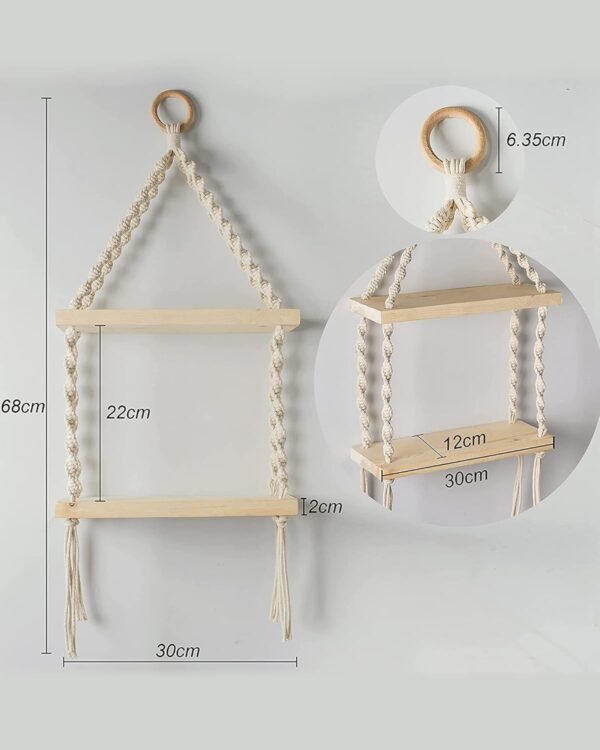 2-Tier Macrame Floating Wall Shelf –Hanging Wooden Shelves - Image 5