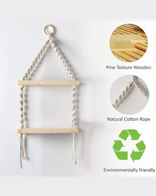 2-Tier Macrame Floating Wall Shelf –Hanging Wooden Shelves - Image 3