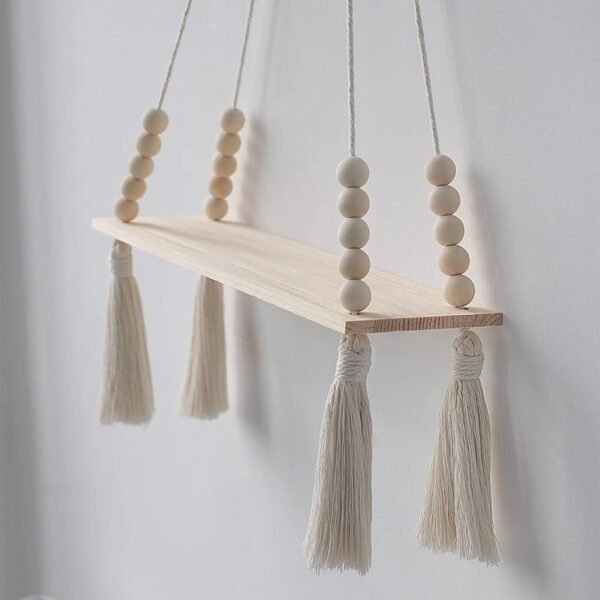 boho wall shelf, wooden bead shelf, 35cm hanging shelf, floating wooden shelf, tassel hanging wall decor, plant shelf boho, natural rope shelf, decorative wall storage, rustic small wall shelf, handmade wall shelf