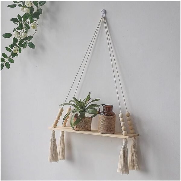 boho wall shelf, wooden bead shelf, 35cm hanging shelf, floating wooden shelf, tassel hanging wall decor, plant shelf boho, natural rope shelf, decorative wall storage, rustic small wall shelf, handmade wall shelf