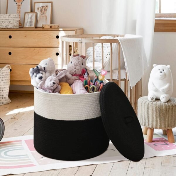 laundry basket with lid Pakistan, black cotton rope basket, large storage basket with cover, kids toy basket Pakistan, eco-friendly laundry hamper, modern storage bin Pakistan, cotton rope hamper with lid