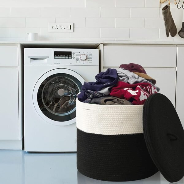 laundry basket with lid Pakistan, black cotton rope basket, large storage basket with cover, kids toy basket Pakistan, eco-friendly laundry hamper, modern storage bin Pakistan, cotton rope hamper with lid