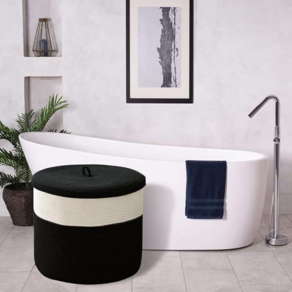 laundry basket with lid Pakistan, black cotton rope basket, large storage basket with cover, kids toy basket Pakistan, eco-friendly laundry hamper, modern storage bin Pakistan, cotton rope hamper with lid