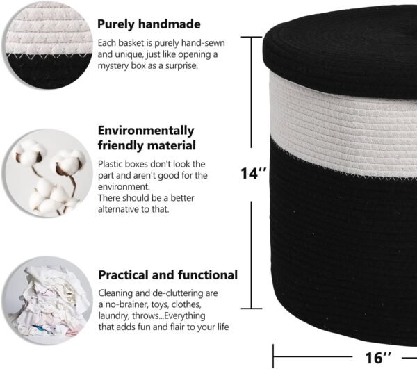 laundry basket with lid Pakistan, black cotton rope basket, large storage basket with cover, kids toy basket Pakistan, eco-friendly laundry hamper, modern storage bin Pakistan, cotton rope hamper with lid