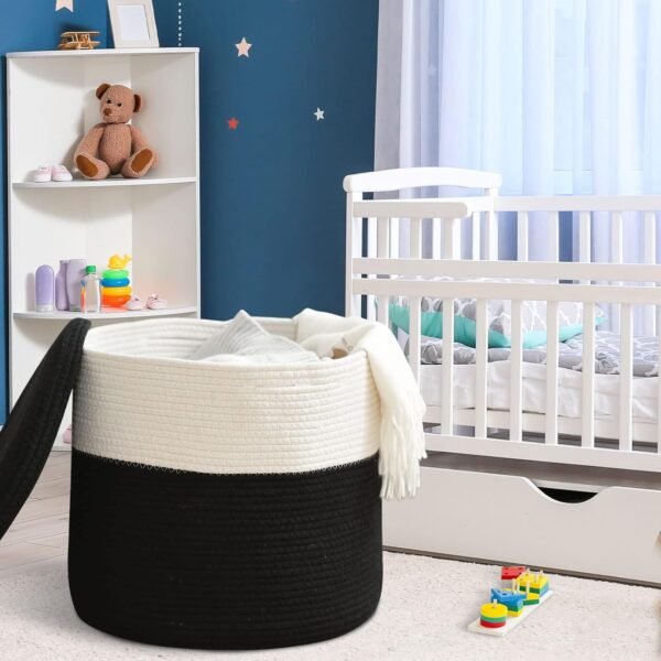laundry basket with lid Pakistan, black cotton rope basket, large storage basket with cover, kids toy basket Pakistan, eco-friendly laundry hamper, modern storage bin Pakistan, cotton rope hamper with lid
