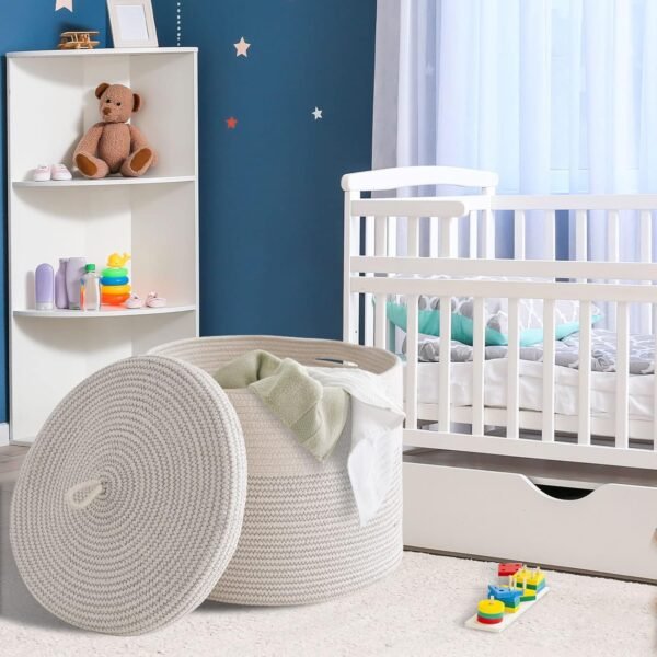 laundry basket with lid Pakistan, black cotton rope basket, large storage basket with cover, kids toy basket Pakistan, eco-friendly laundry hamper, modern storage bin Pakistan, cotton rope hamper with lid