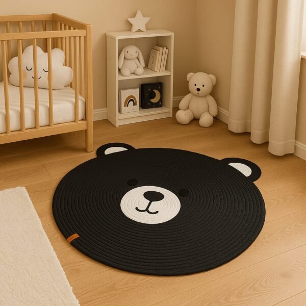 bear face rug, black and white bear rug, 3ft animal rug, cotton rope kids rug, round bear rug, toddler play mat, kids room decor rug, bear shaped nursery mat, animal floor rug for kids,